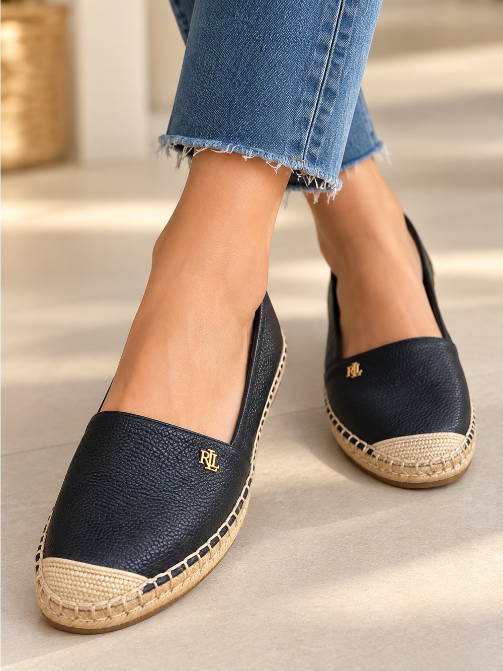 Ralph Lauren Black Leather Espadrille Slip-Ons with Gold RL Logo